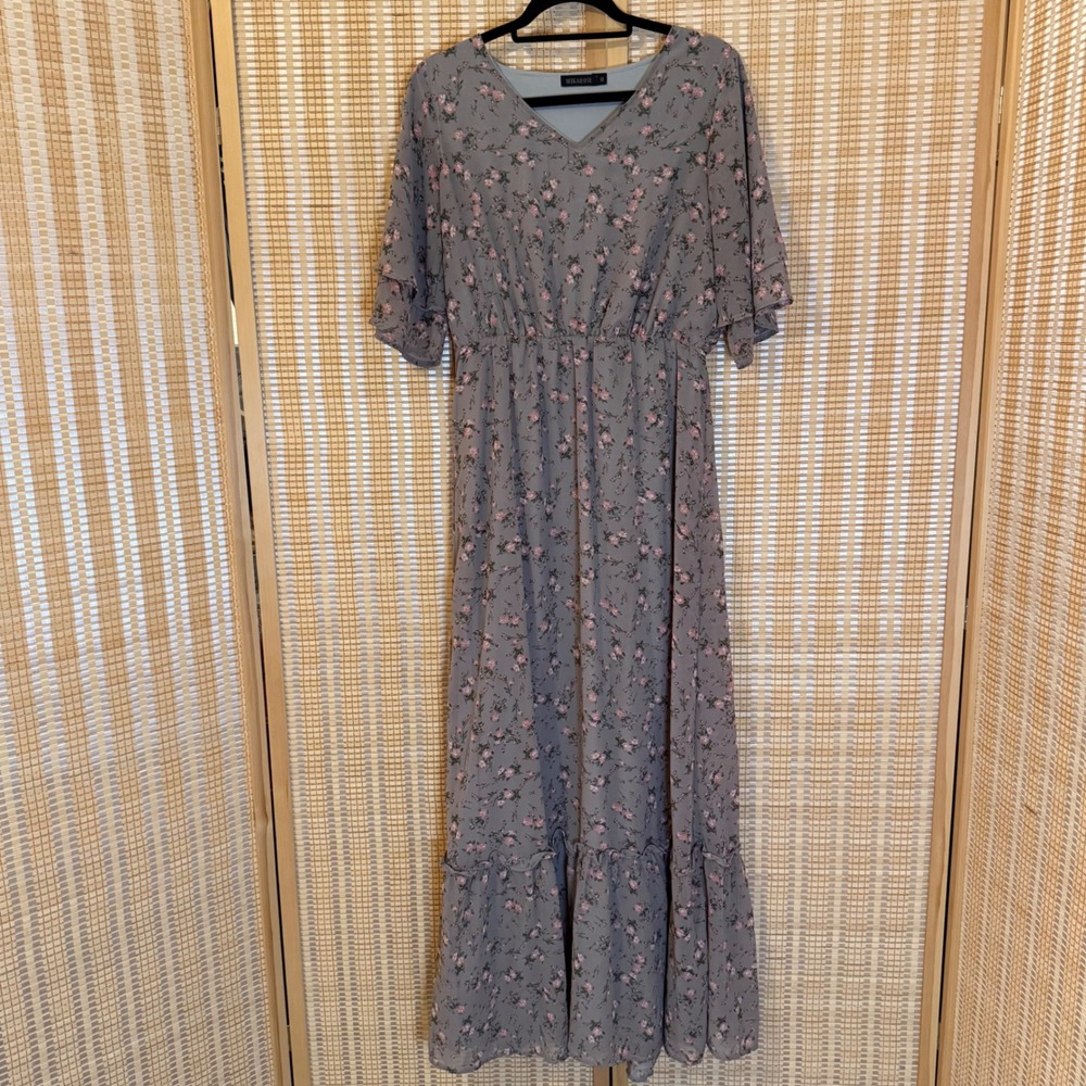 Mikarose Floral V-Neck Maxi Dress Mauve Pink Modest Tiered Sleeve Size M Fairy
